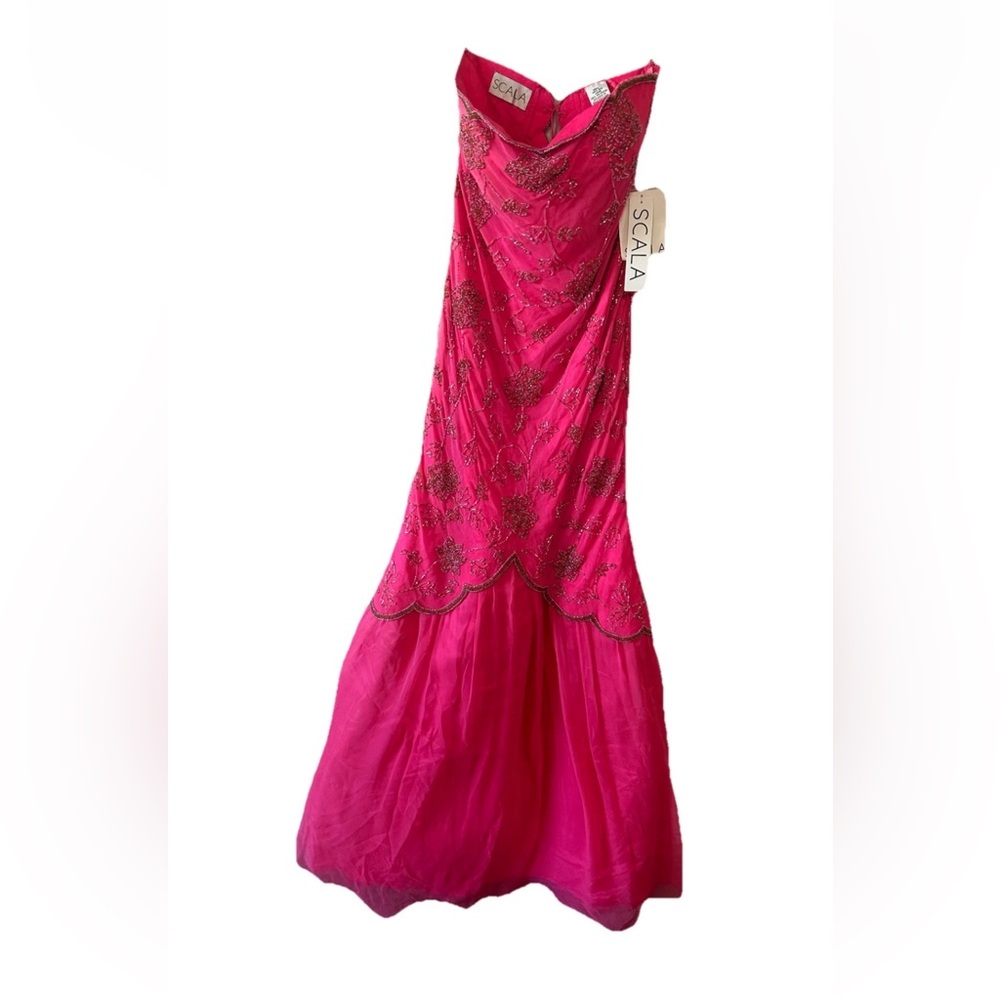 VTG SCALA Pink Beaded Silk Mermaid Gown Barbiecore Y2K NWT Sz M Deadstock